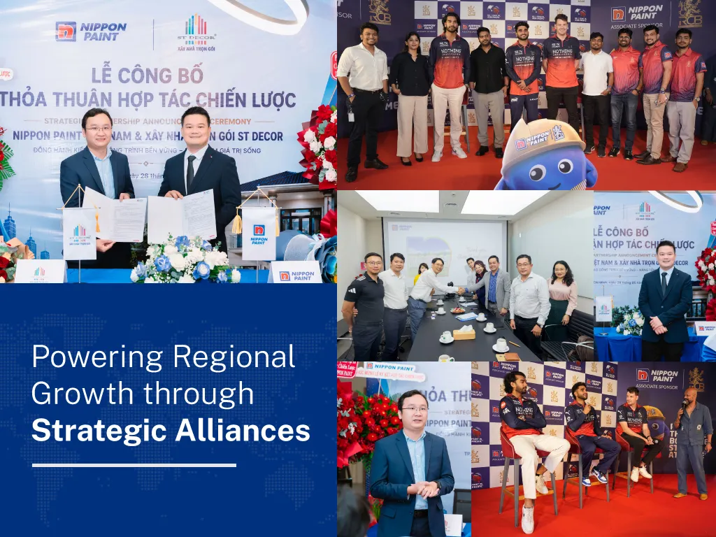 A collage of photos showing corporate partnerships, cricket team sponsorships, and business meetings.