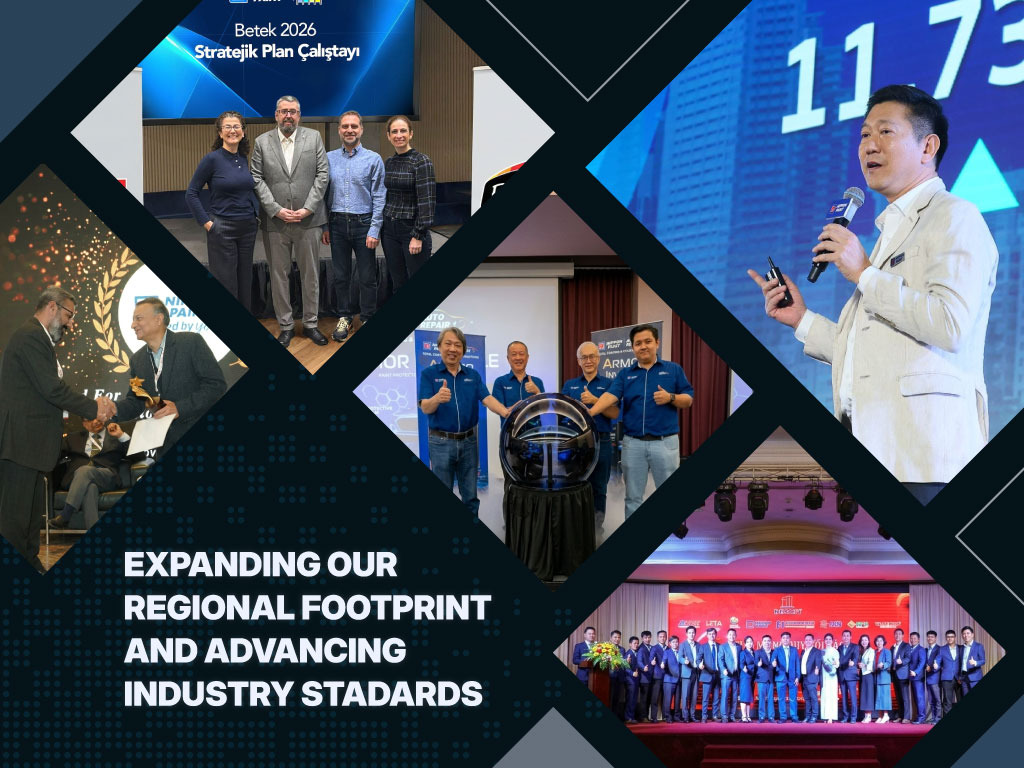 A collage of various NIPSEA Group business events, award ceremonies, and strategic workshops across different regions.