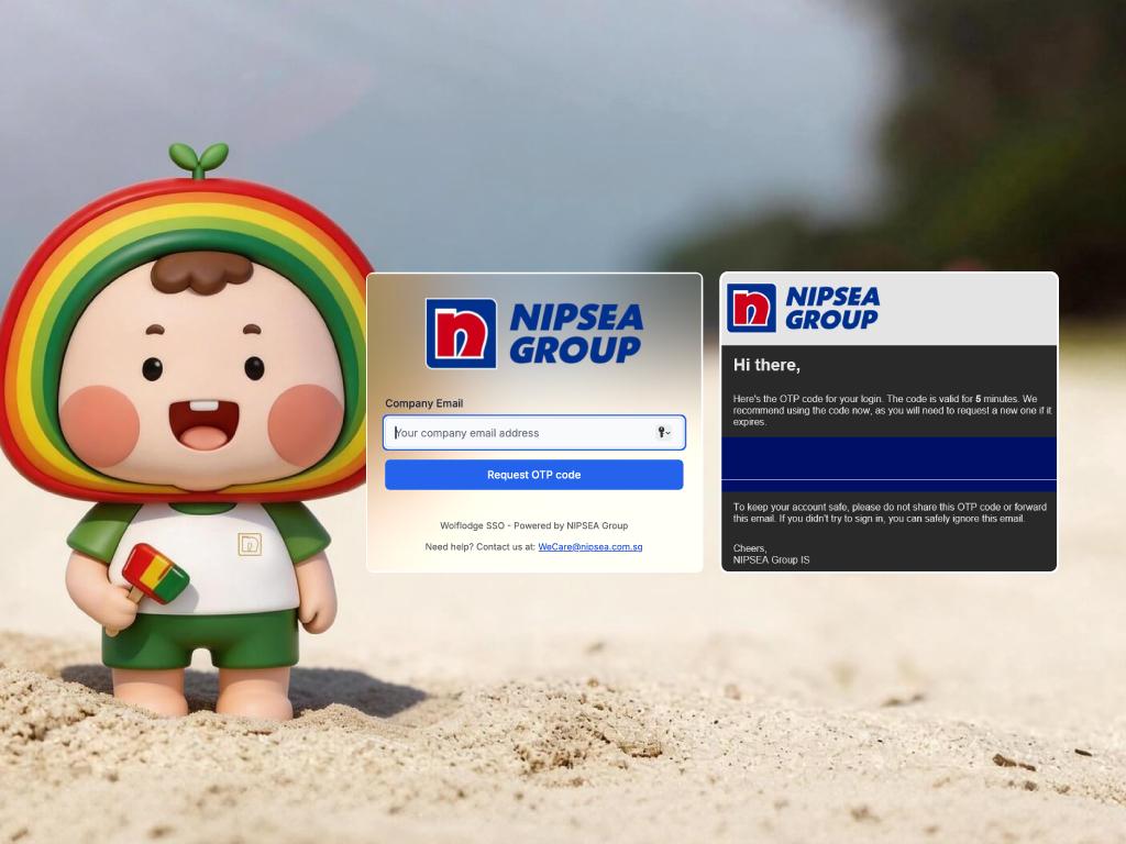 A visual showing a mascot standing beside the NIPSEA Group WolfLodge email login interface and a sample OTP verification email.