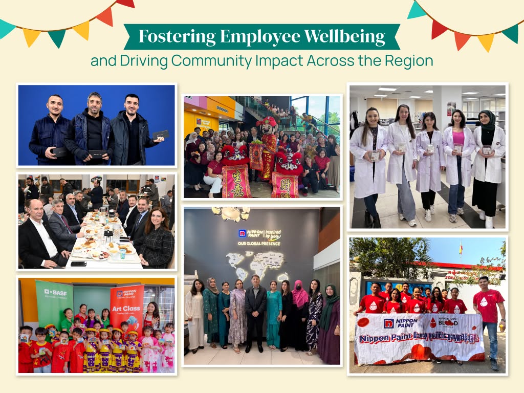 A vibrant collage of photos showcasing NIPSEA employees across different regions engaging in cultural celebrations, wellness activities, and community service.