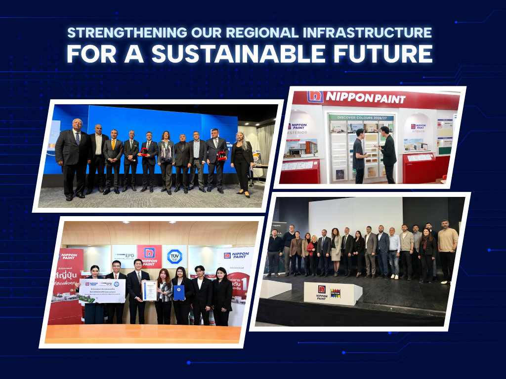 A collage of visuals featuring a digital transformation concept, a team receiving a manufacturing award on stage, and executives proudly displaying an environmental certification.