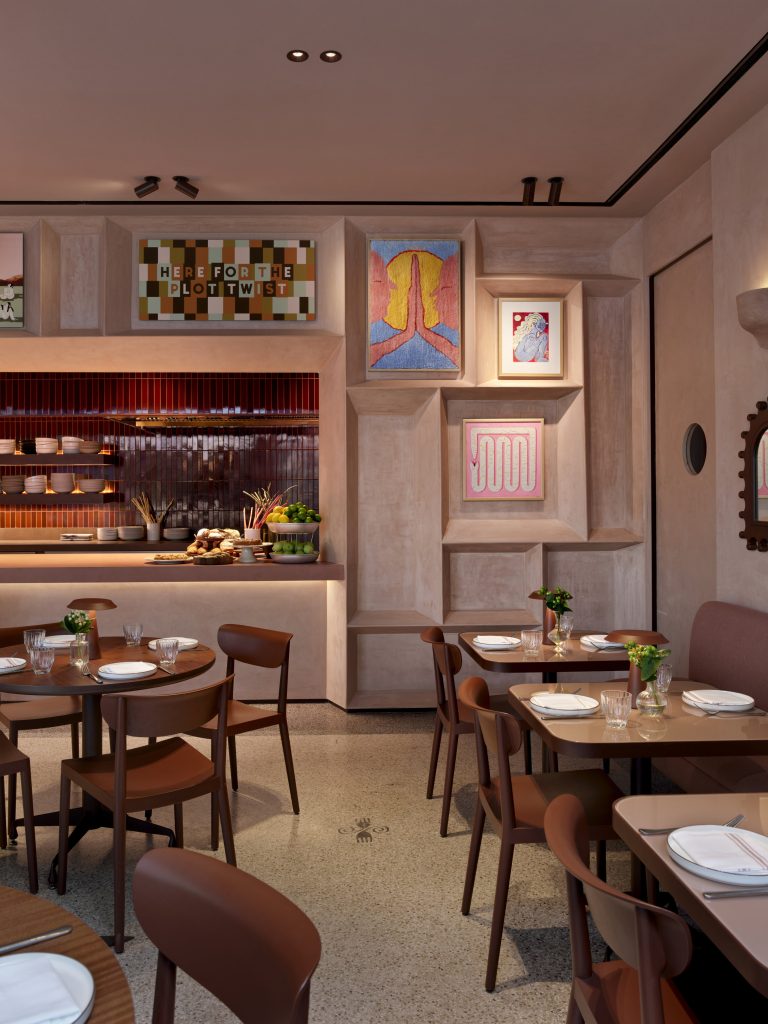A warmly lit, well-stocked bar area featuring a front counter covered in textured, dark terracotta tiles.