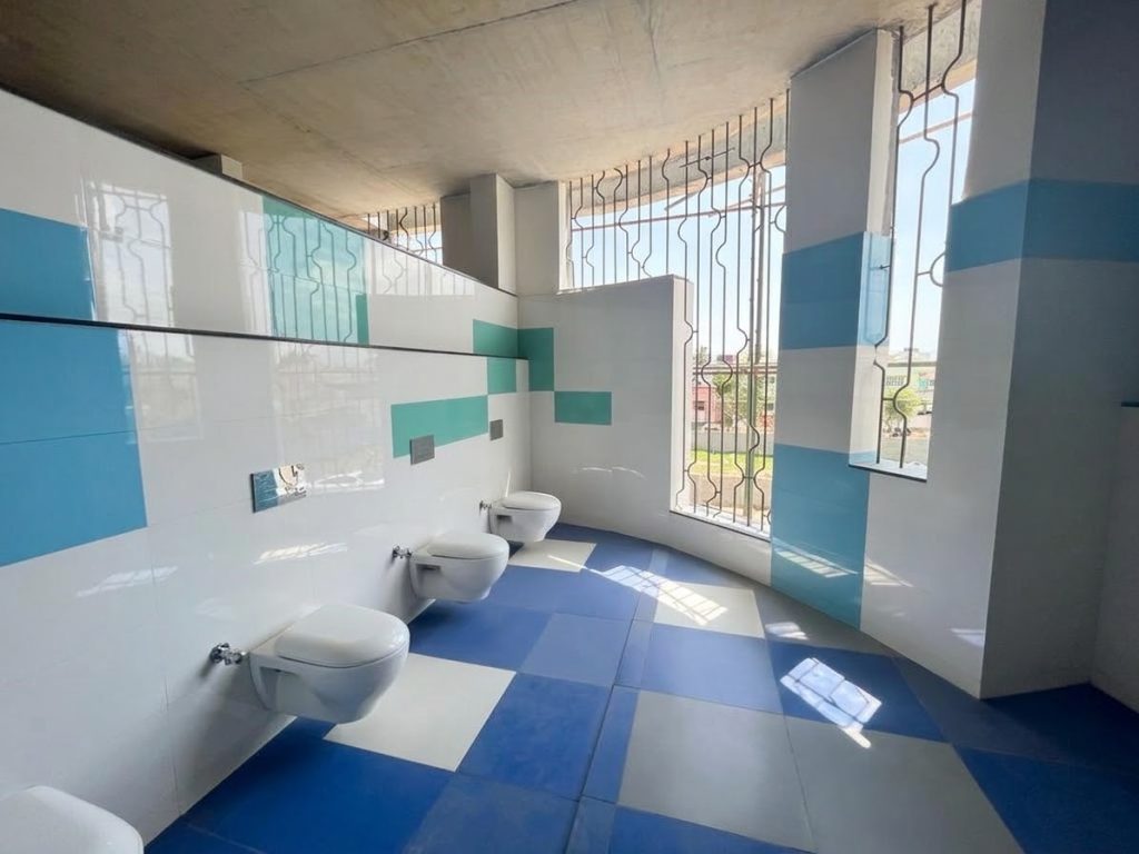 A bright, clean washroom featuring white and blue geometric floor and wall tiles.