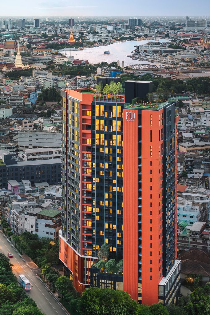 A design presentation board detailing the historical red brick concept and Nippon Paint colours for the Flo condominium.