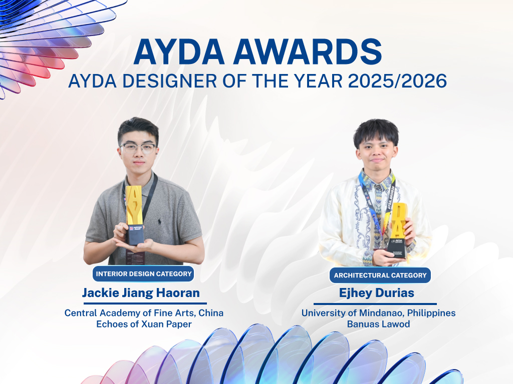 A graphic presenting the AYDA Designers of the Year, Jackie Jiang Haoran and Ejhey Durias holding their golden trophies.