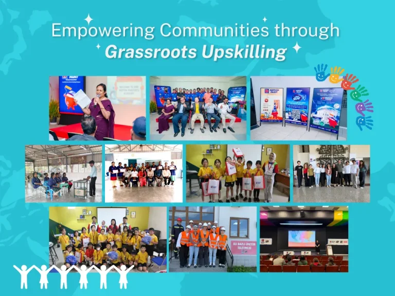A collage highlighting various community upskilling programmes, featuring students, painters, and children.